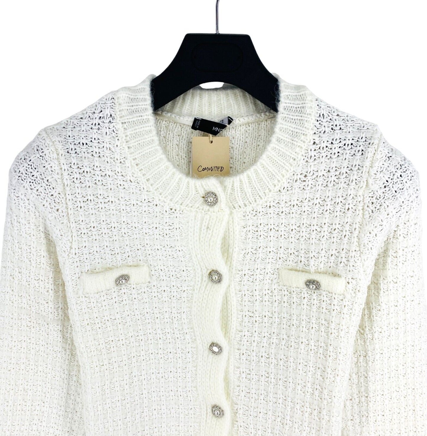 Mango MNG Women White Crew Neck Cardigan Jumper Pullover Size L