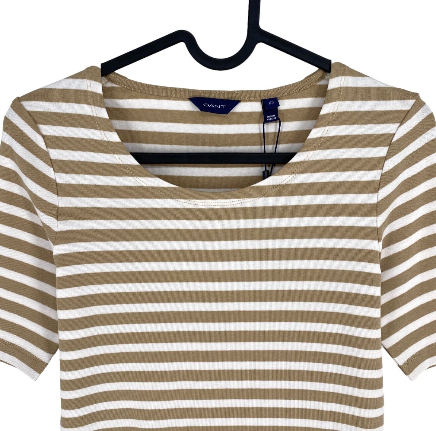 GANT Women Brown Striped 1x1 Rib Crew Neck Short Sleeve T Shirt Size XS