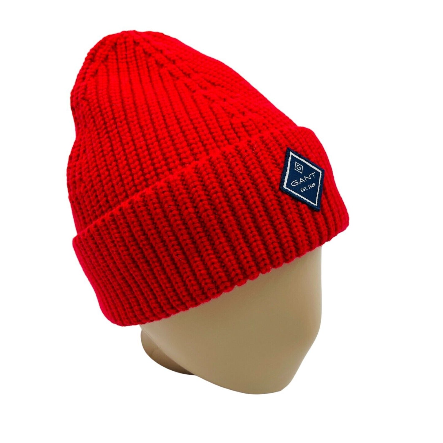 GANT Red Unisex Cotton Wool Blend Chunky Knit Beanie Hat One Size