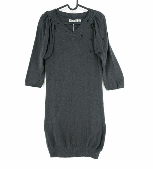 RELIGION Grey V Neck 100% Cotton Dress Size 1 - S 3 - L