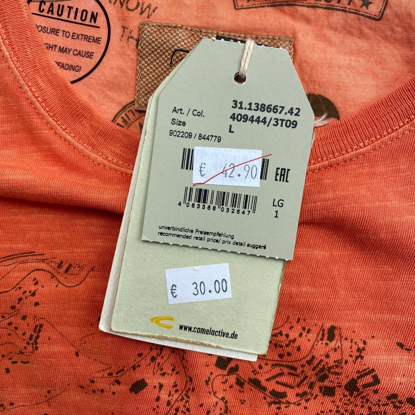 CAMEL ACTIVE T-Shirt mit Rundhalsausschnitt und Grafikdruck, Orange, Größe L