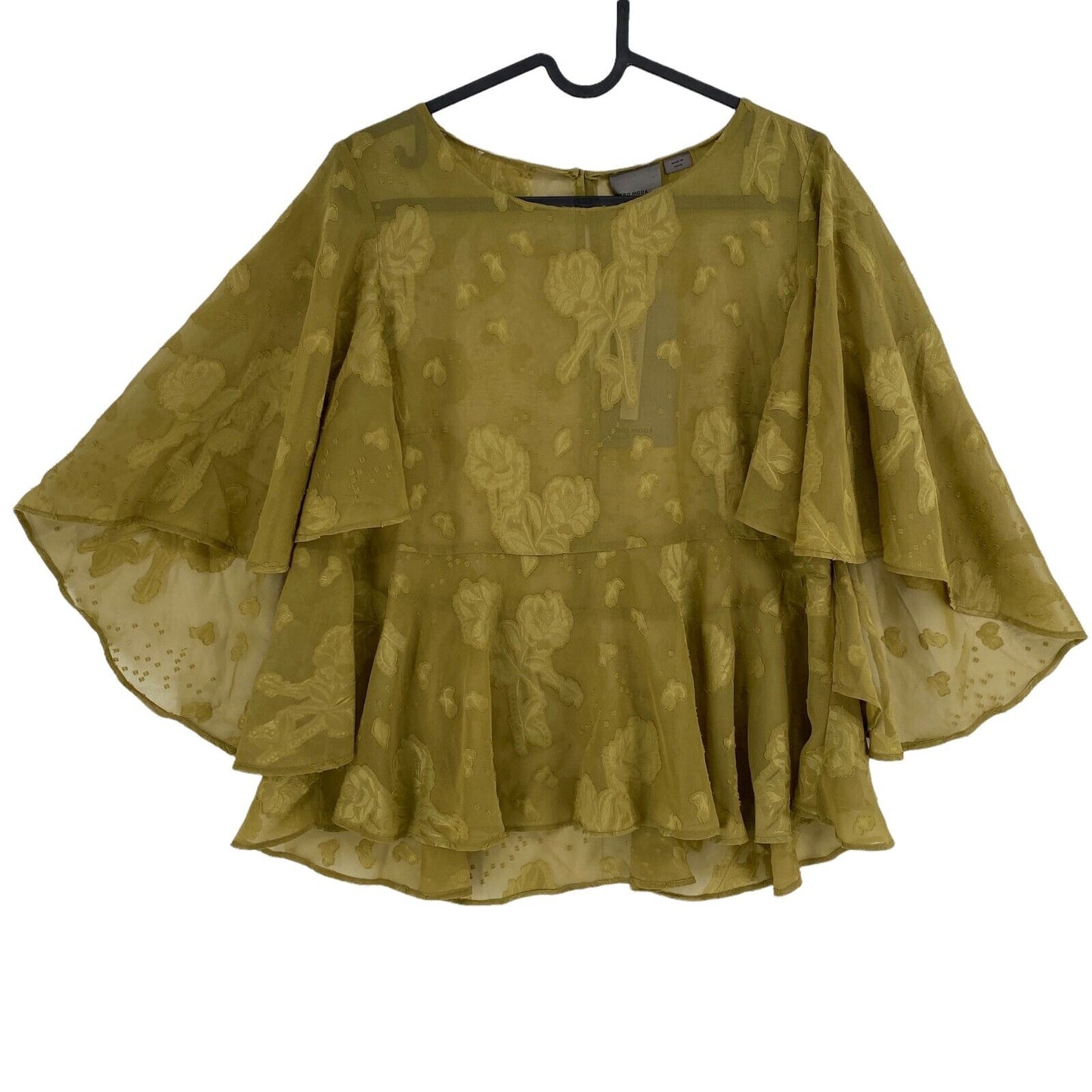 VERO MODA Floral Dark Green Ruffle Round Neck Top Blouse Size M