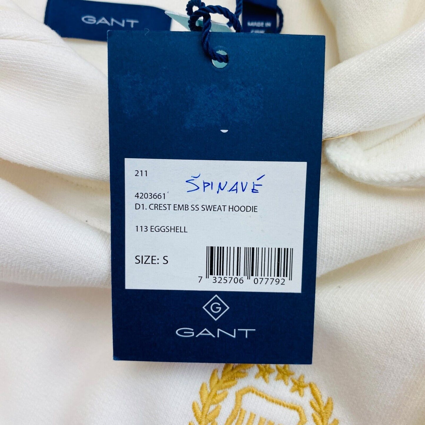 GANT White Crest Embroidered Short Sleeves Hoodie Jumper Sweater Size S