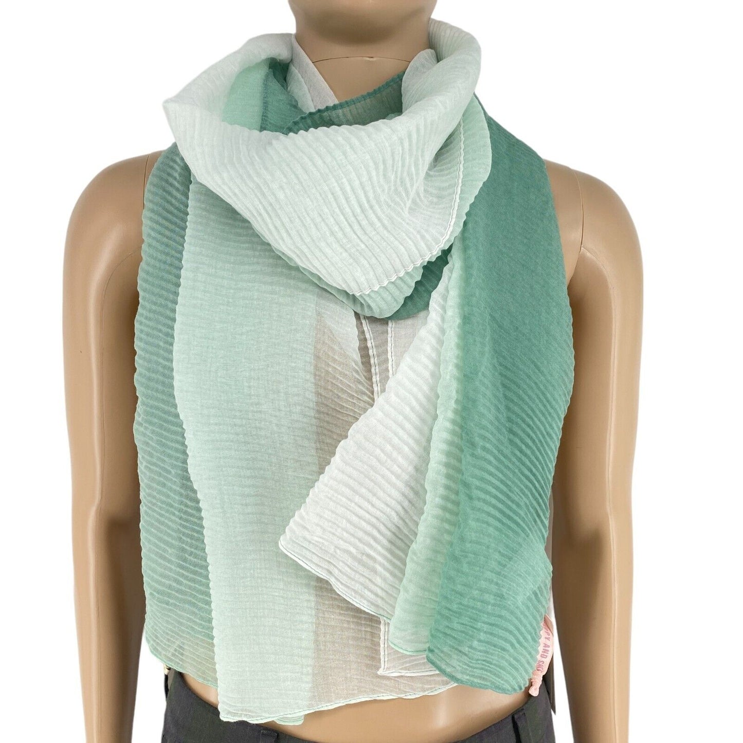 TOM TAILOR White Green Long Pleated Dip Dye Scarf Shawl