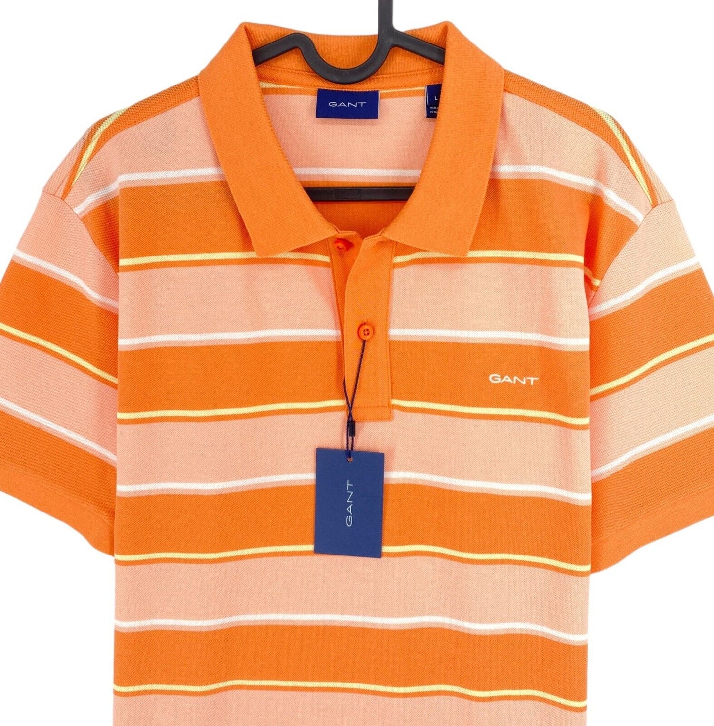 GANT Men Orange Multi Stripe Short Sleeves Pique Rugger Polo Shirt Size L