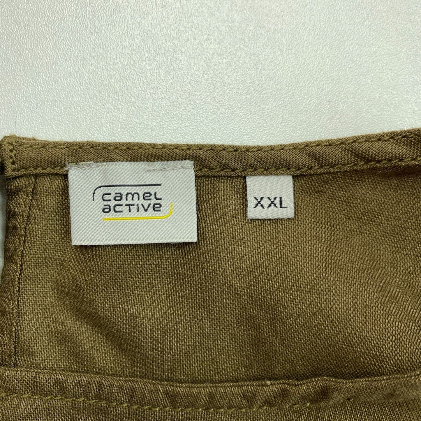 CAMEL ACTIVE Grünbraunes ärmelloses Rüschenkleid aus Leinen-Baumwolle in A-Linie, Größe 2XL