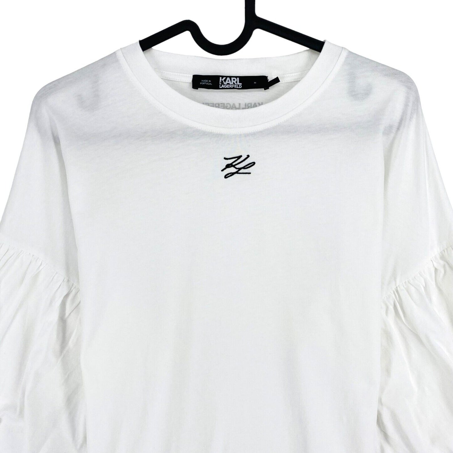 Karl Lagerfeld Women White Puffy Sleeves Crew Neck T Shirt Size M