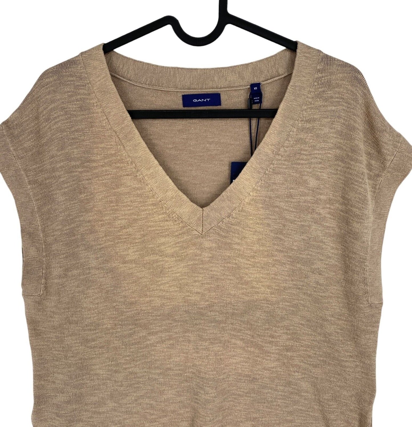 GANT Women Dark Beige Linen Blend V Neck Vest Jumper Size XS