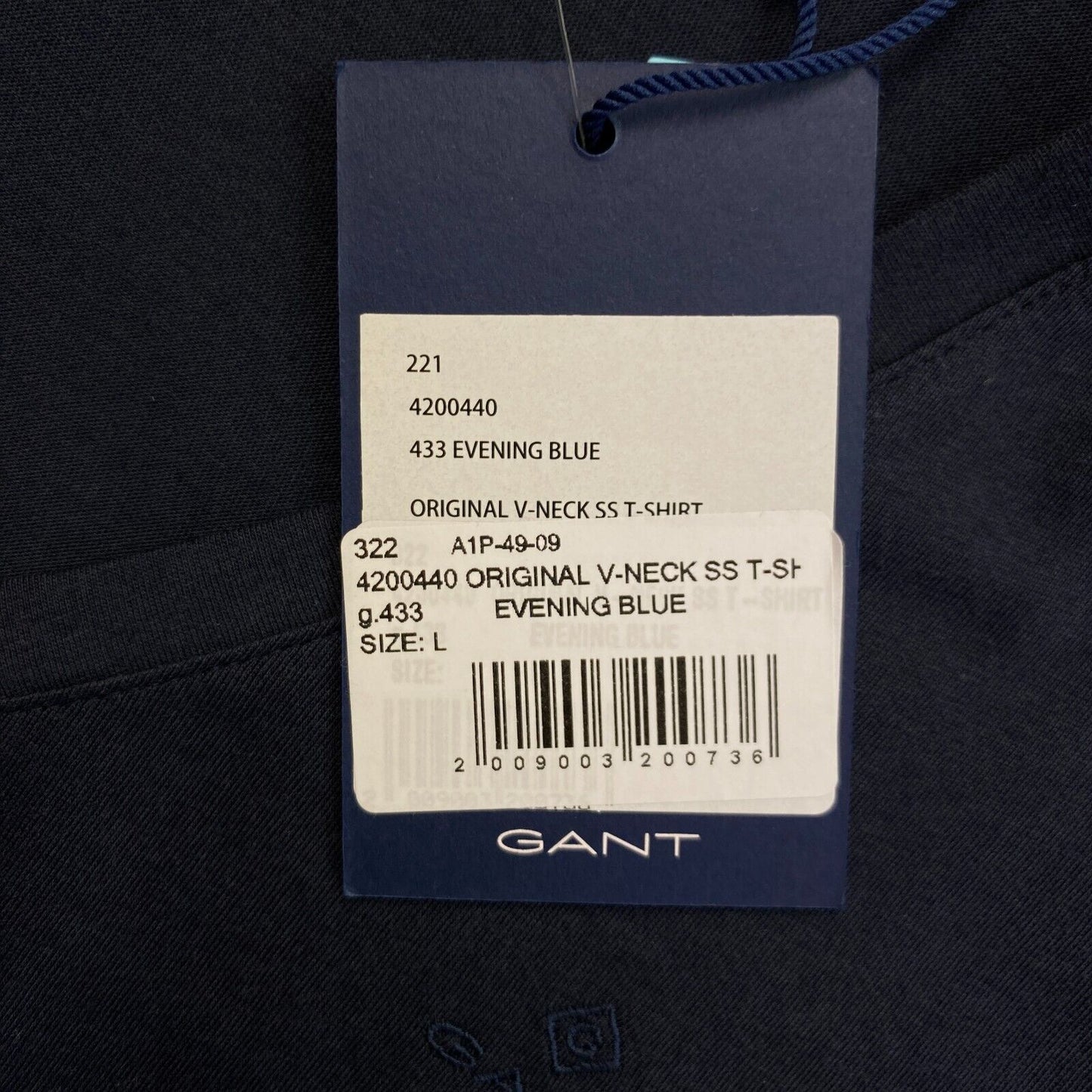 GANT Marineblaues Original T-Shirt mit V-Ausschnitt, Größe L