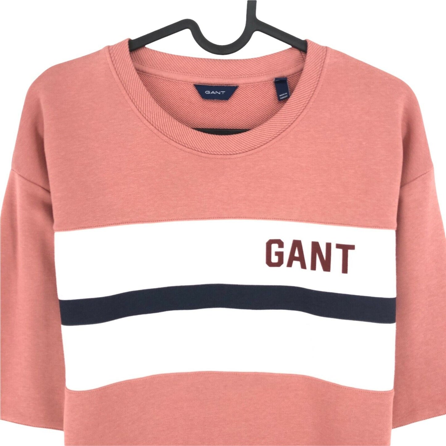 GANT Pullover mit Rundhalsausschnitt, Logo und Streifen, Rosa, Größe XS