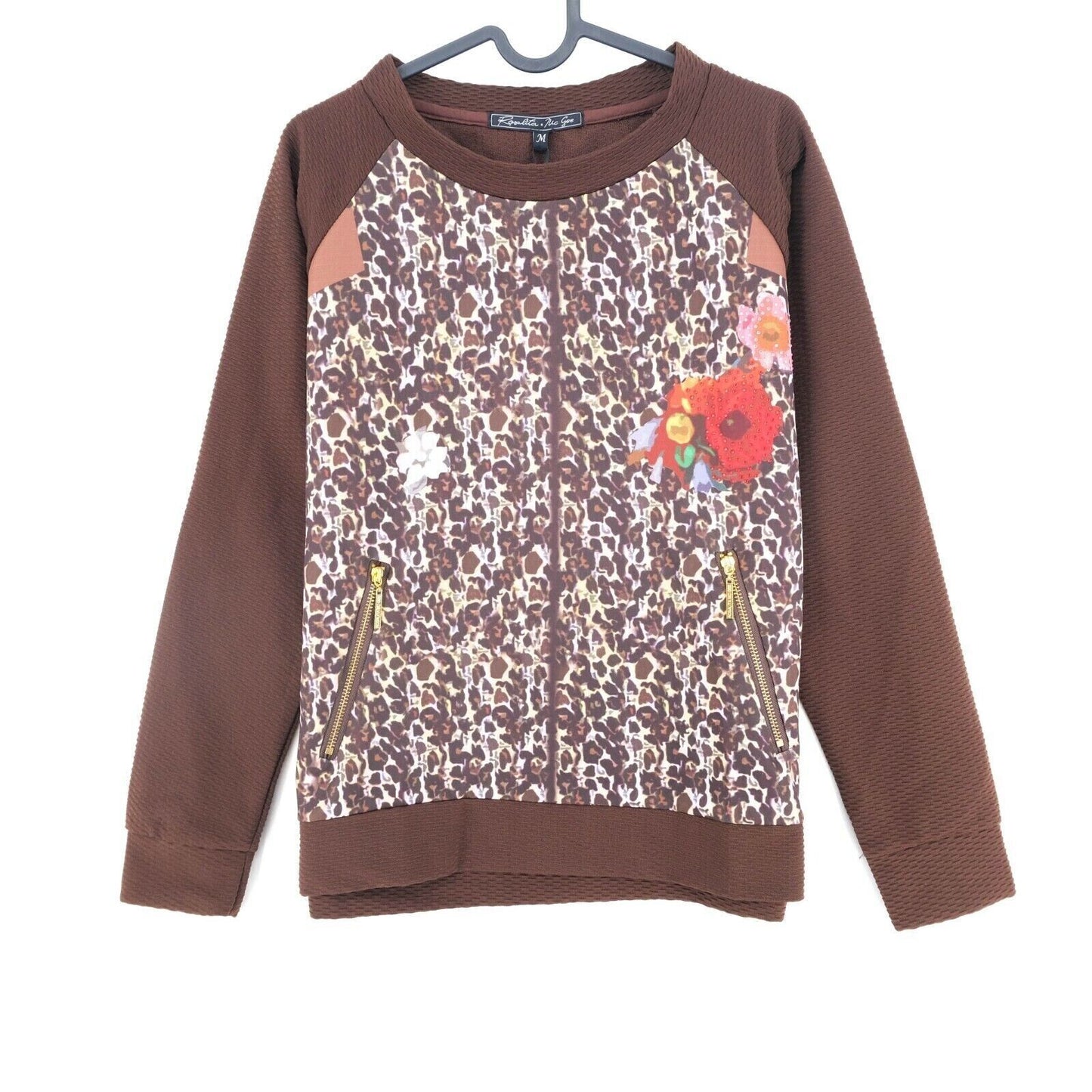 Rosalita McGee Brown Floral Print Crew Neck Jumper Pullover Sweater Size M