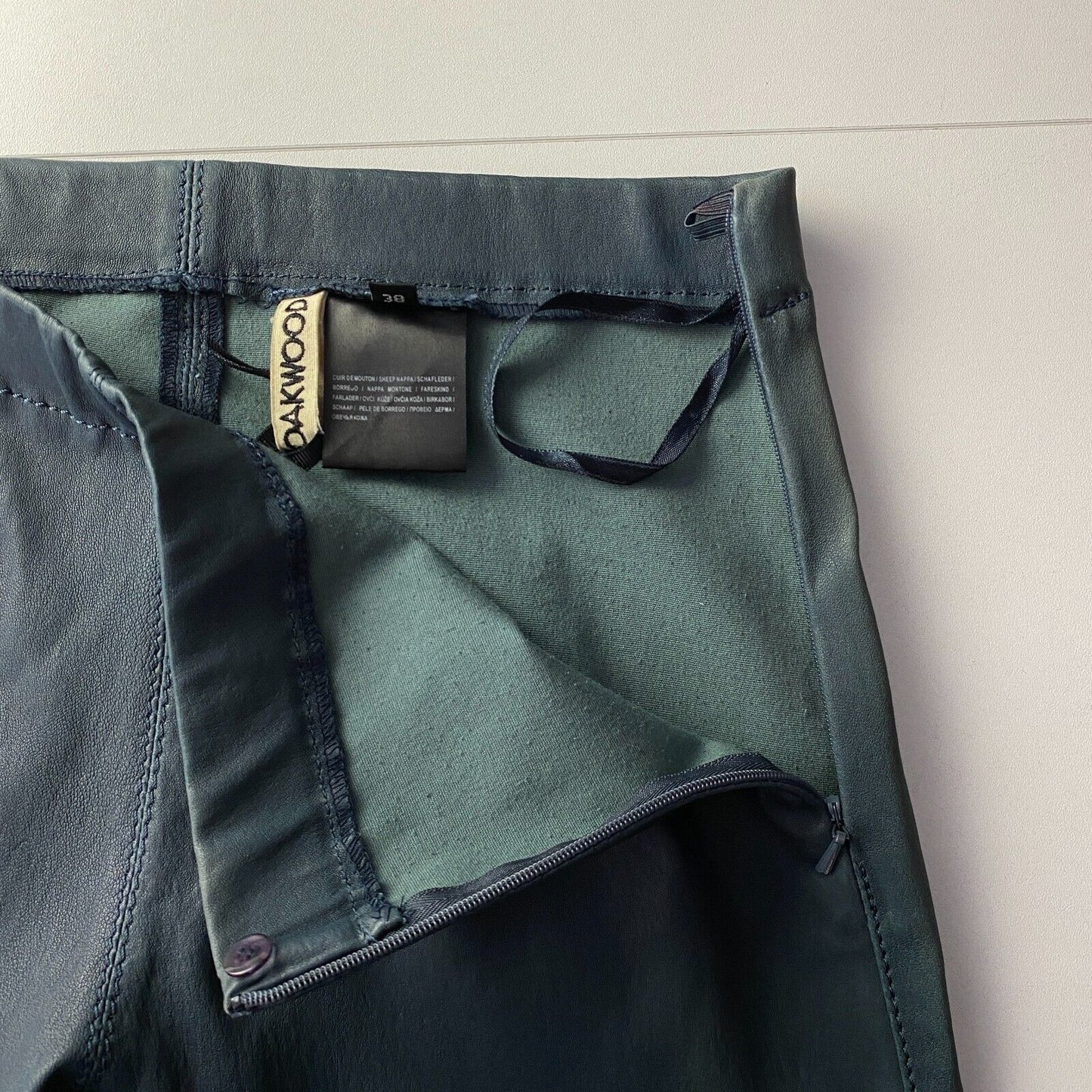 OAKWOOD Women Greyish Blue Skinny Fit Sheep Leather Trousers Size EUR 38 W25