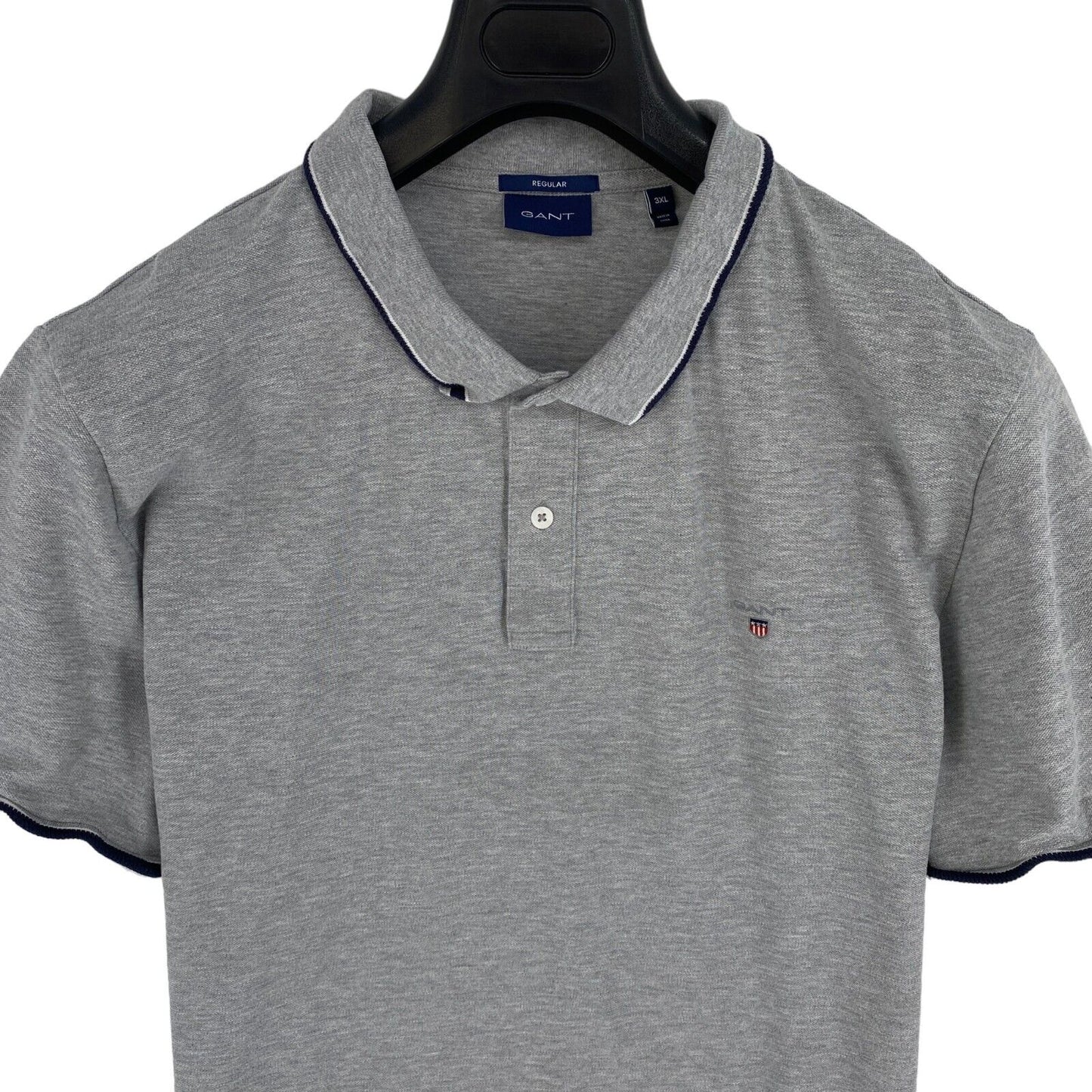 GANT Men Grey Herringbone Tipping Pique Short Sleeves Polo Shirt Size 3XL