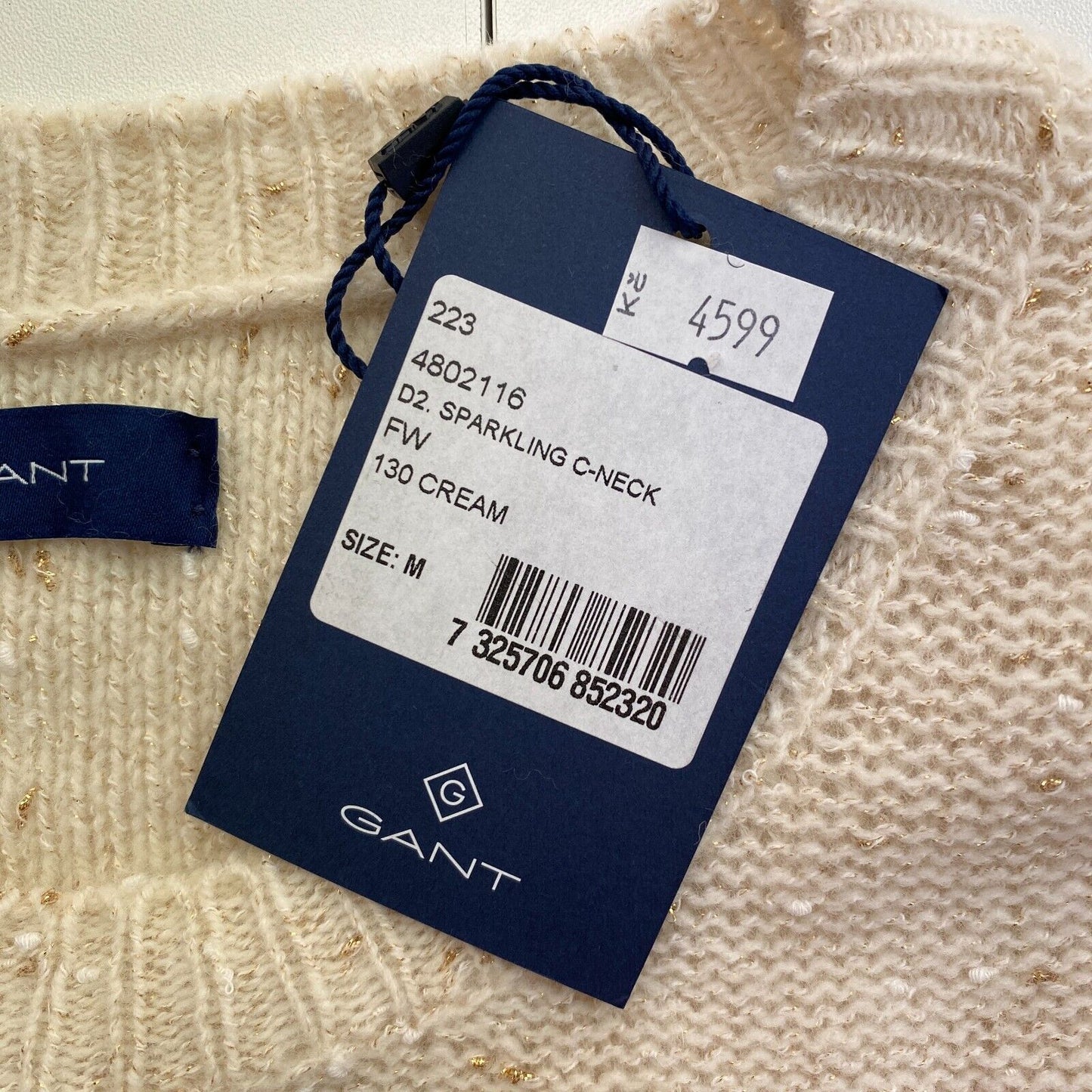 GANT Beige glitzernder Pullover aus Wollmischung mit Rundhalsausschnitt, Größe M