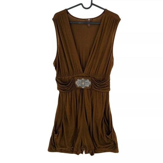 JLO By Jennifer Lopez Brown V Neck Sleeveless Shorts Jumpsuit Playsuit Size M