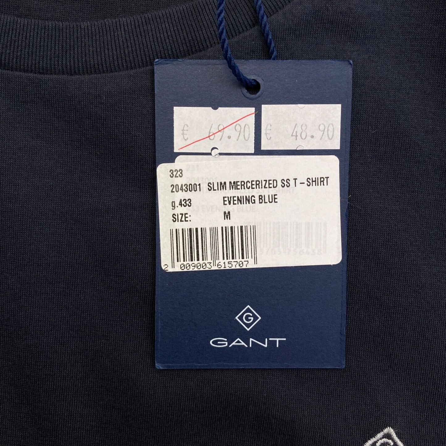 GANT Men Navy Blue Mercerized Slim Fit Crew Neck Short Sleeve T Shirt Size M