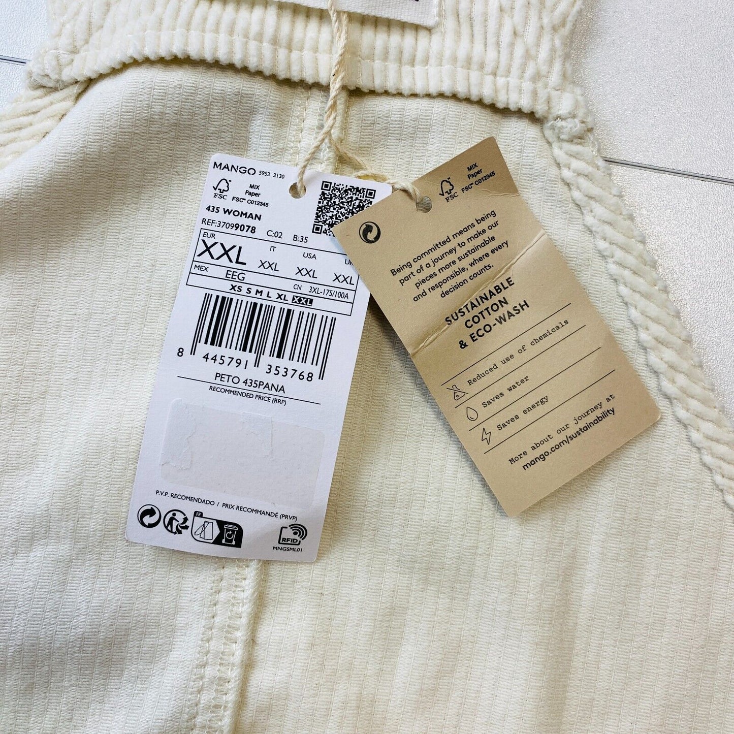 MANGO Women Cream White Regular Fit Corduroy Dungarees Trousers Size XXL 2XL