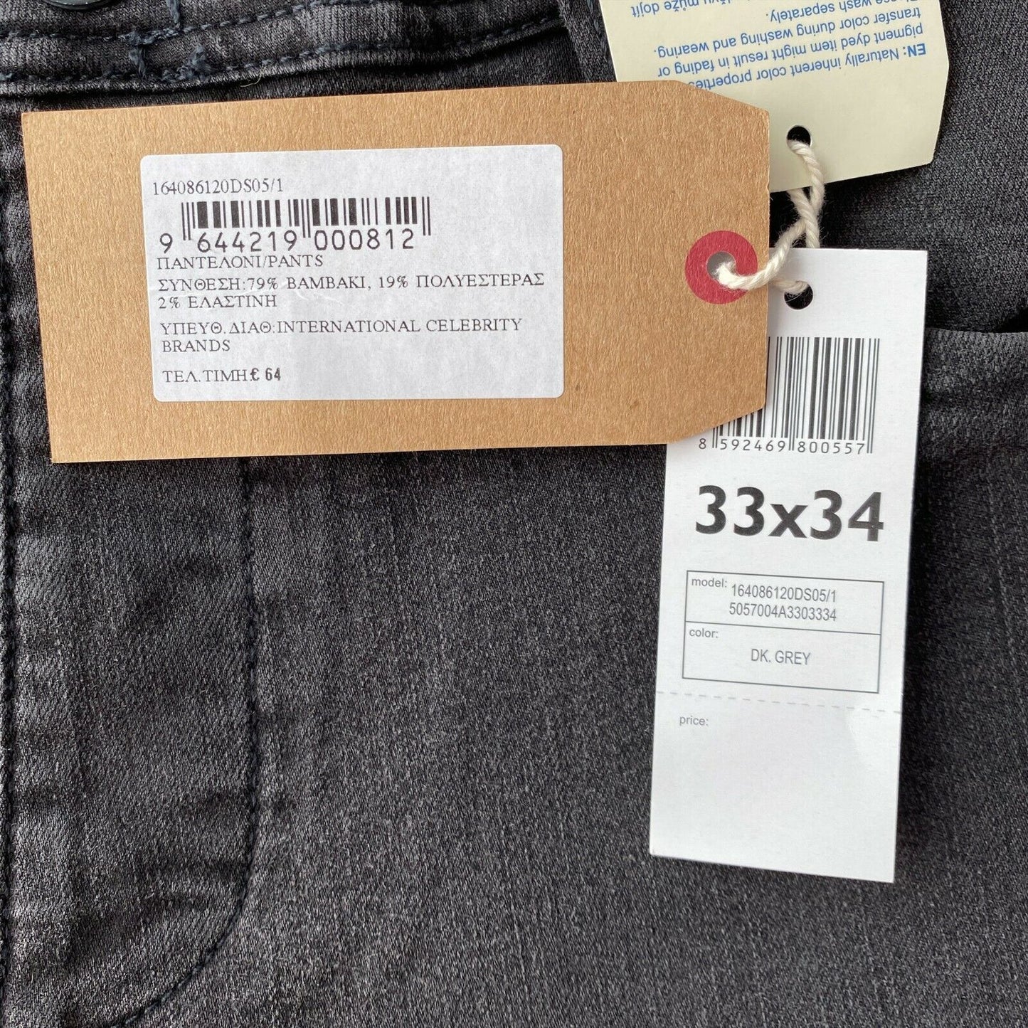 TIMEOUT MATEO Dark Grey Slim Tapered Fit Jeans Size W33 L34