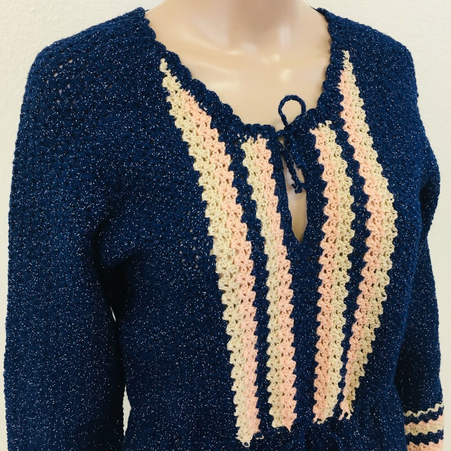 Vintage Ladies Cochet Knit Blue Sweater Jumper Size EUR 36 US 6 UK 8