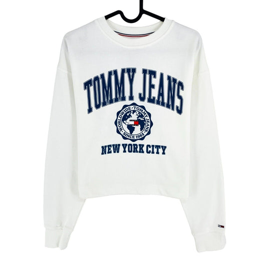 TOMMY HILFIGER JEANS White Crop College Logo Crew Neck Sweater Jumper Size XS