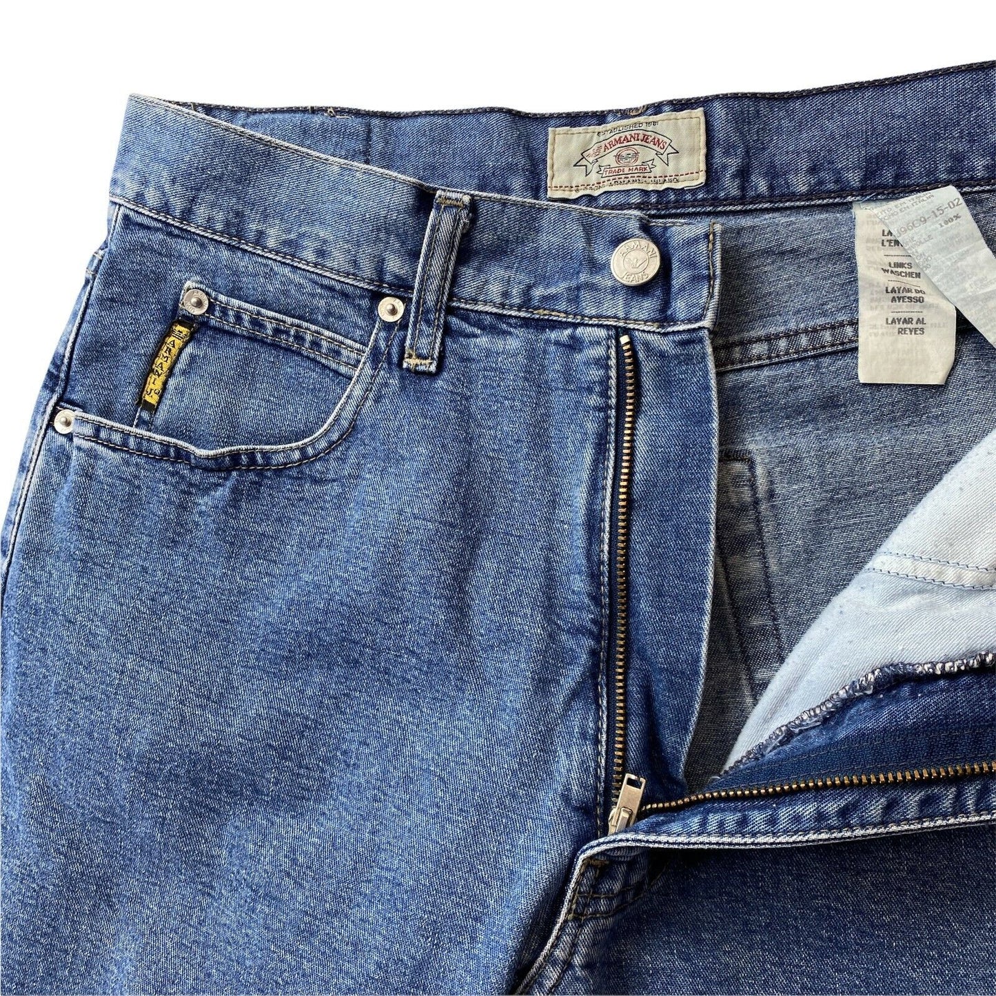 ARMANI JEANS Damen Blaue, entspannte, gerade geschnittene Mom-Jeans W33, hergestellt in Italien