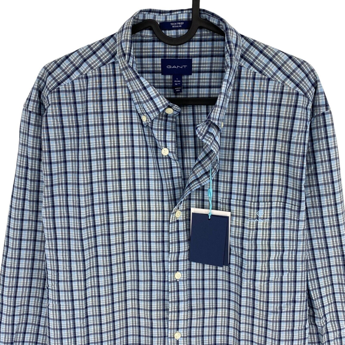 GANT Blue Tech Prep Indigo Check Regular Fit Shirt Size L 41/42 16.5