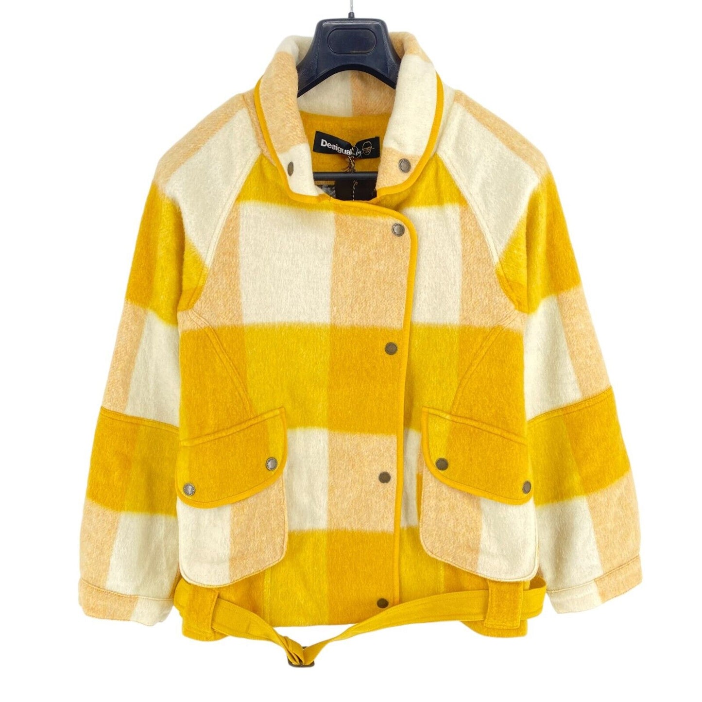 DESIGUAL Yellow Plaid Wool Blend Jadi Wanita Jacket Coat Size EU 46 UK 18 US 12