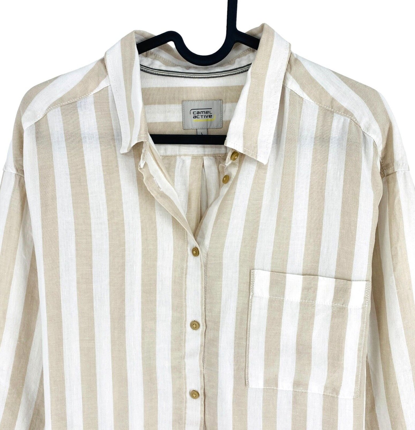 Camel Active Women Beige Linen Blend Striped Long Sleeves Shirt Size L