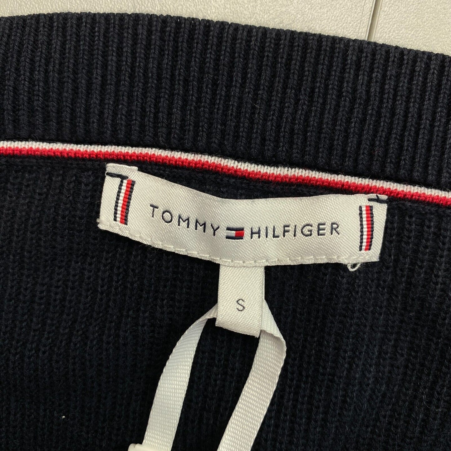 TOMMY HILFIGER Navy Blue Global Stripe Open Neck Sweater Jumper Size S