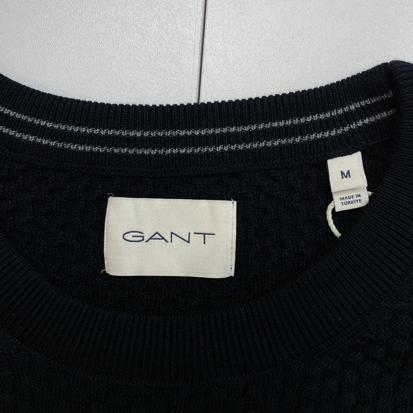 GANT Men Black Cotton Texture Crew Neck Sweater Jumper Size M