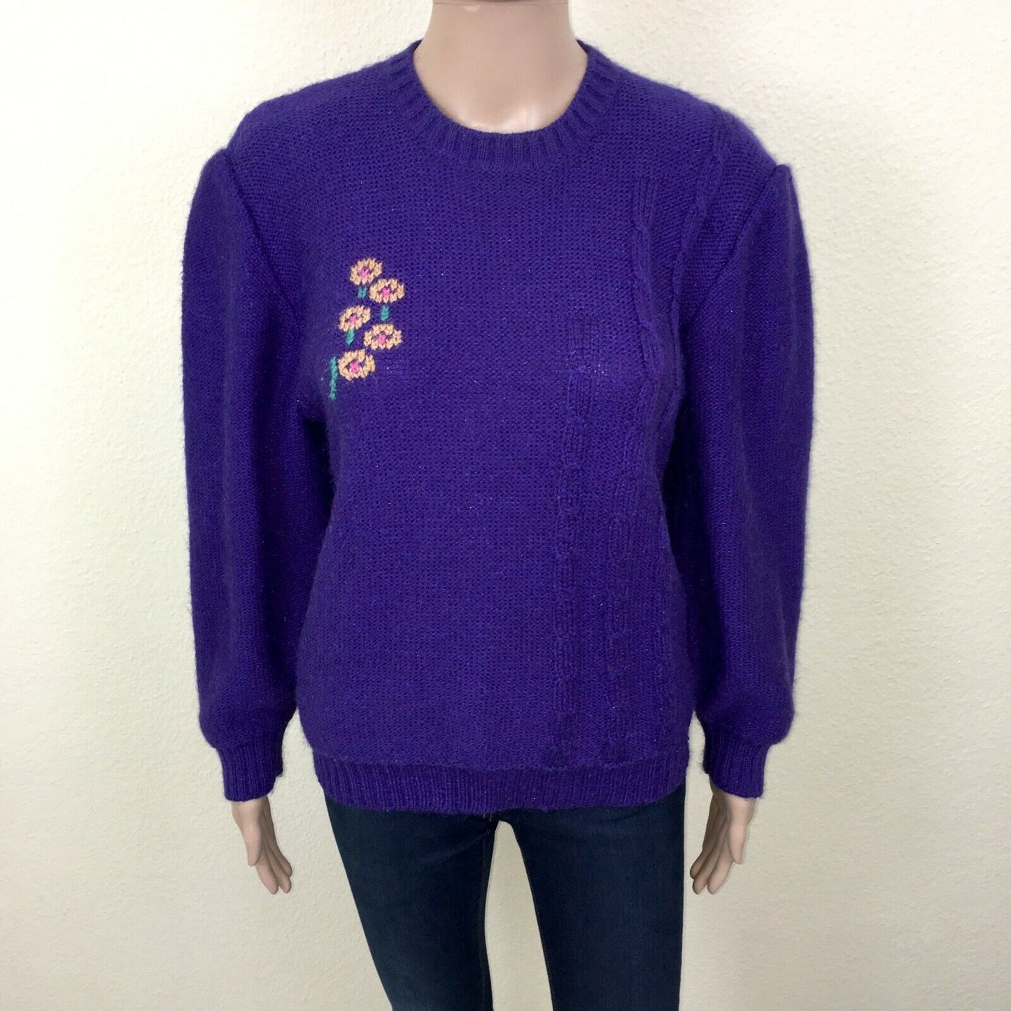 vintage Rétro années 80 90 Violet Fluffy Chunky Sweater Jumper EUR 38 US 8 UK 10