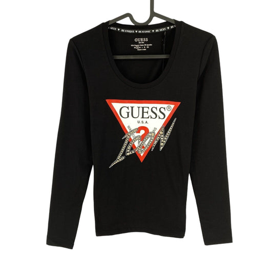 GUESS Women Black Logo Scoop Neck Long Sleeves T Shirt Size S