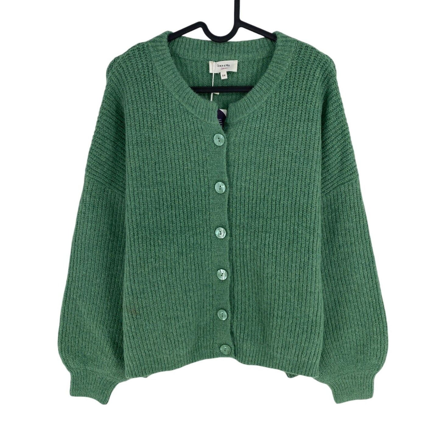 Grace & Mila Women Green Knitted Crew Neck Cardigan Sweater Jumper Size S / M