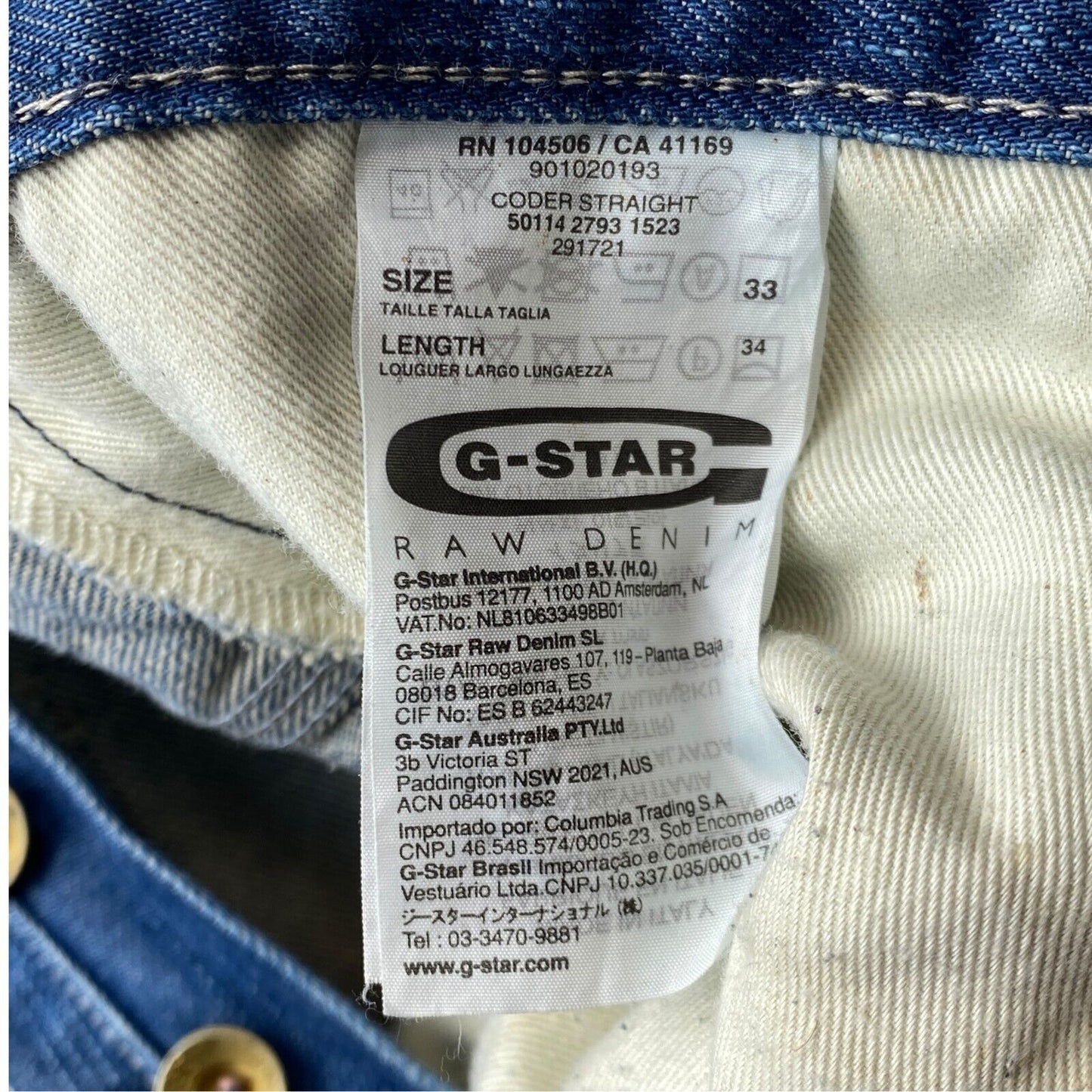 G-STAR CODER Blue Regular Straight Fit Jeans Size W33 L34 Made In Italy