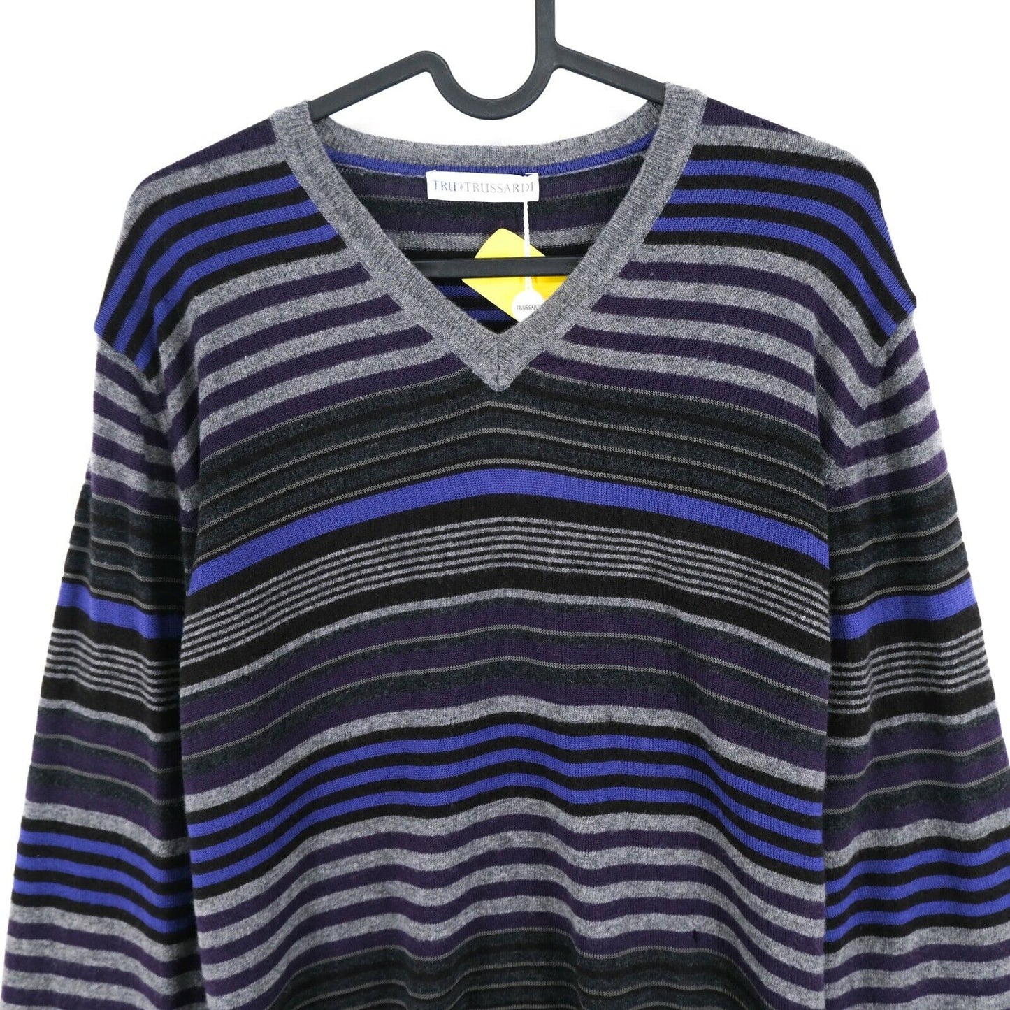 TRUSSARDI Grey V Neck Striped Jumper Sweater Size L