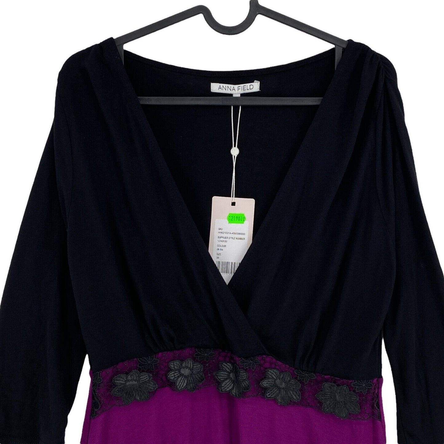 ANNA FIELD Black Purple 3/4 Sleeve Deep V-Neck Jersey Top Blouse Size S