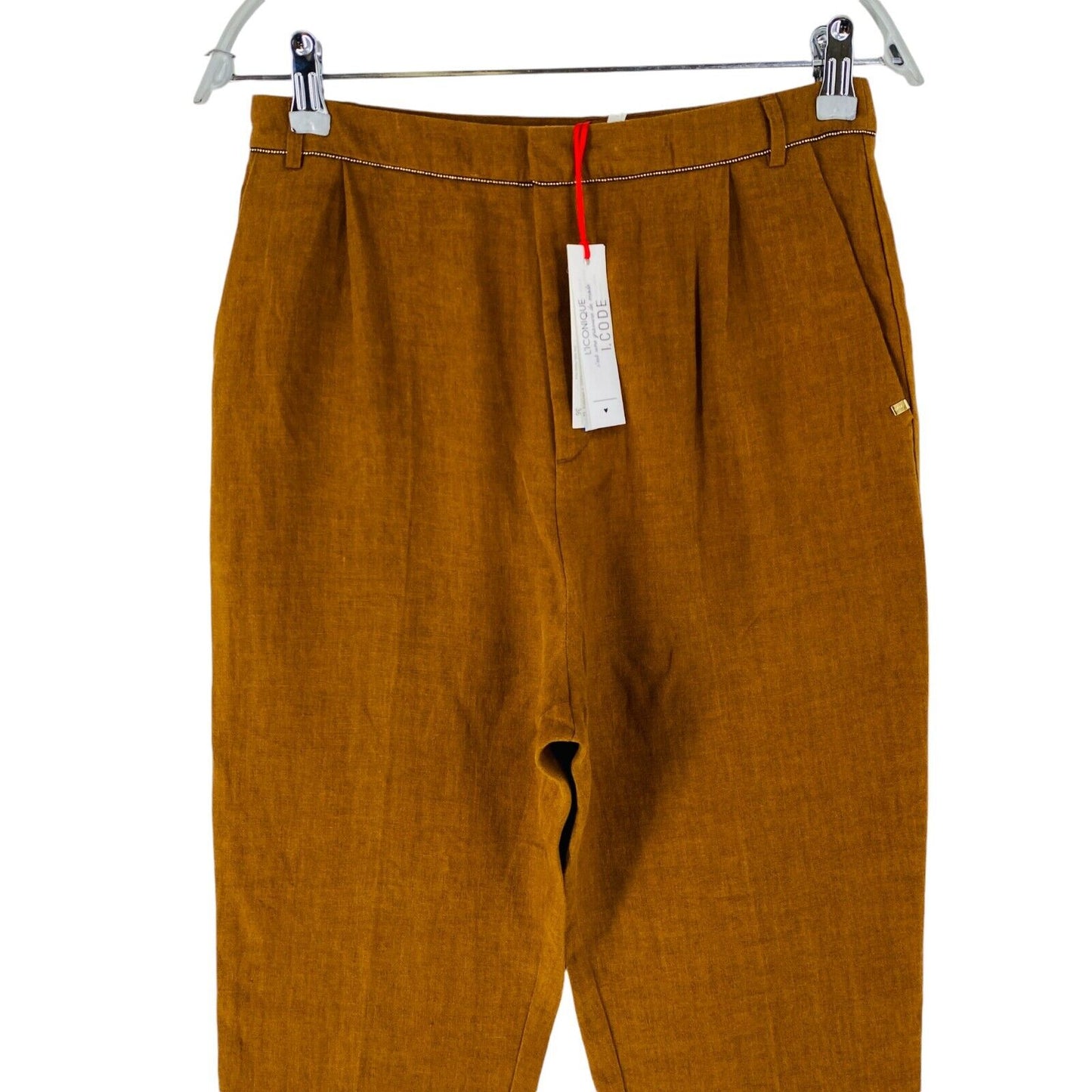 I.CODE Women Brown Regular Tapered Fit Linen Trousers Size EUR 36 W27