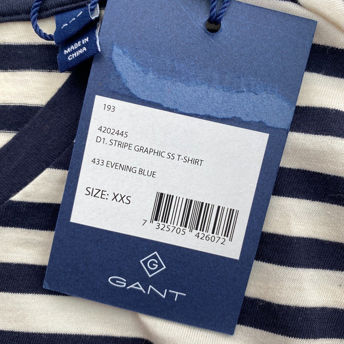 GANT Navy Blue Stripe Graphic Crew Neck T Shirt Size 2XS XXS