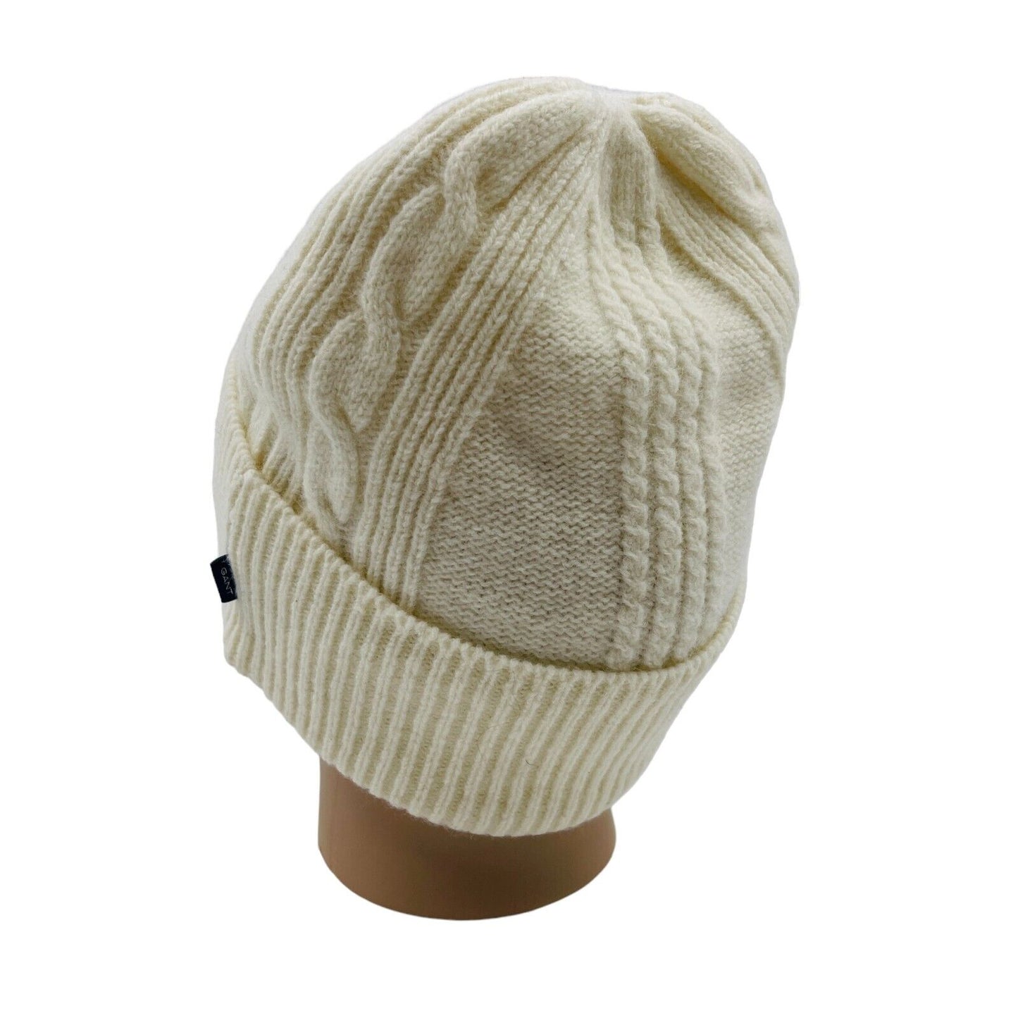 GANT Milk White 100% Wool Chunky Cable Knit Beanie Hat One Size