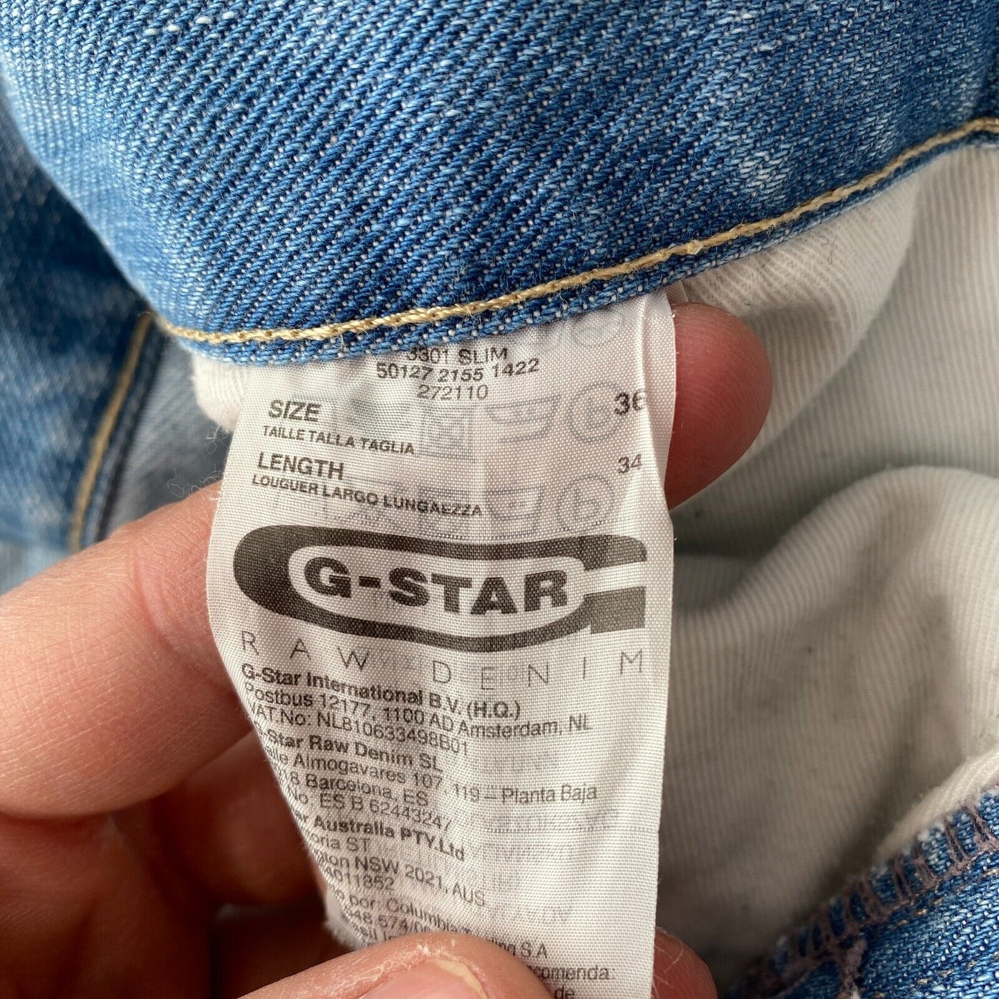 G-STAR 3301 Blaue Slim Fit Jeans Größe W36 L34 Hergestellt in Italien