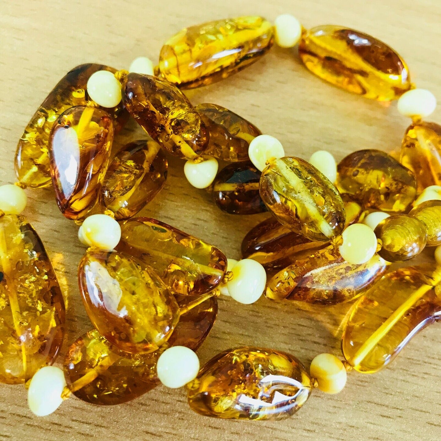 Baltic Amber Lemon / Royal White Colour Natural Polished Necklace