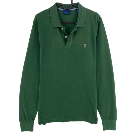 GANT Dark Green Solid Pique Long Sleeves Rugger Polo Shirt Size S