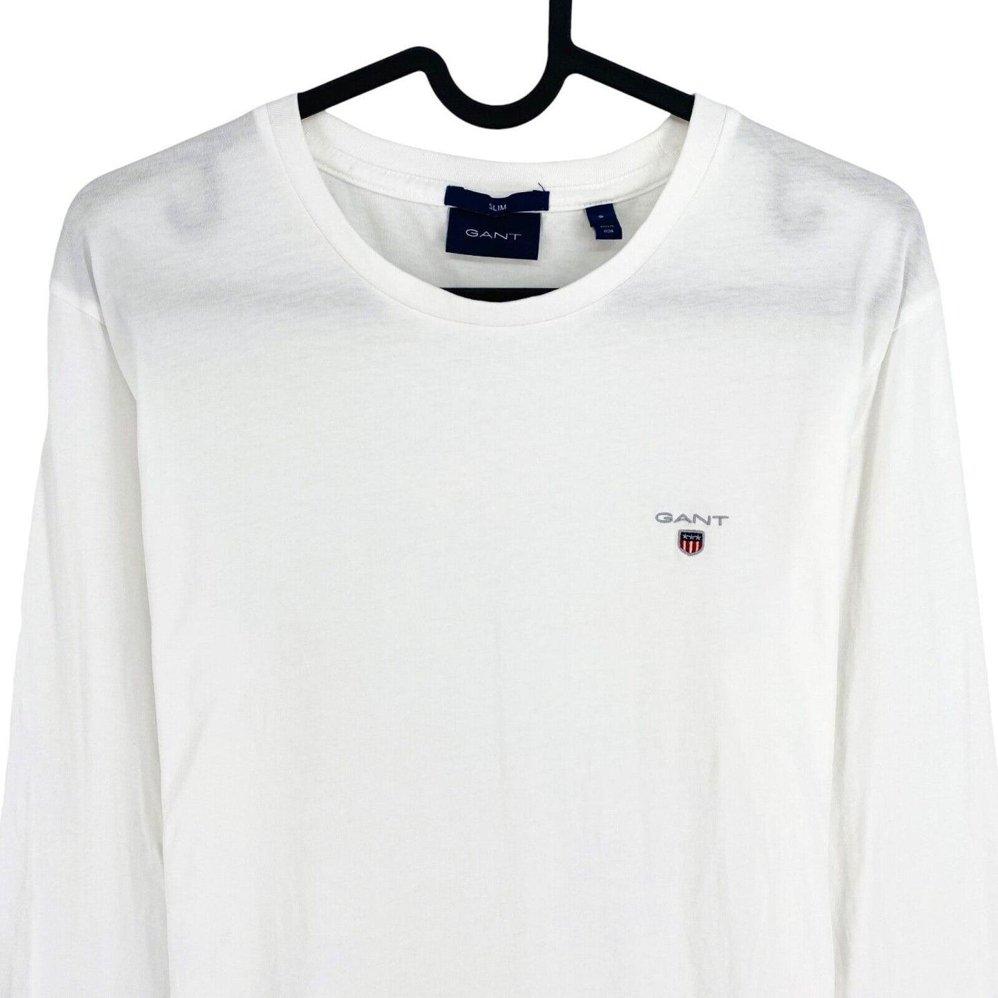 GANT Men White Original Slim Fit Crew Neck Long Sleeve T Shirt Size S