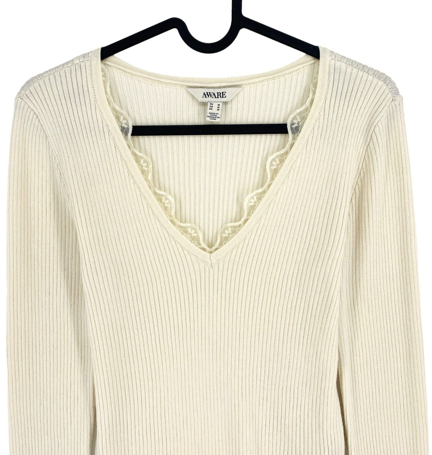 AWARE BY VERO MODA Womens Beige V Neck Knit Long Sleeves Top Size M