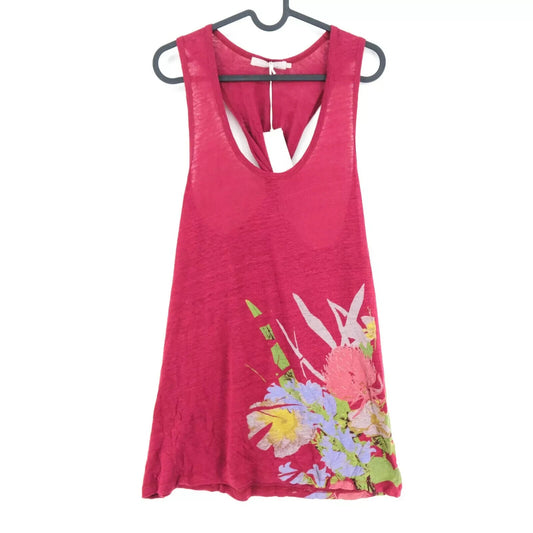 RRP €96 STEFANEL Red Flared Flower Print Scoop Neck Linen Tank Top T Shirt M