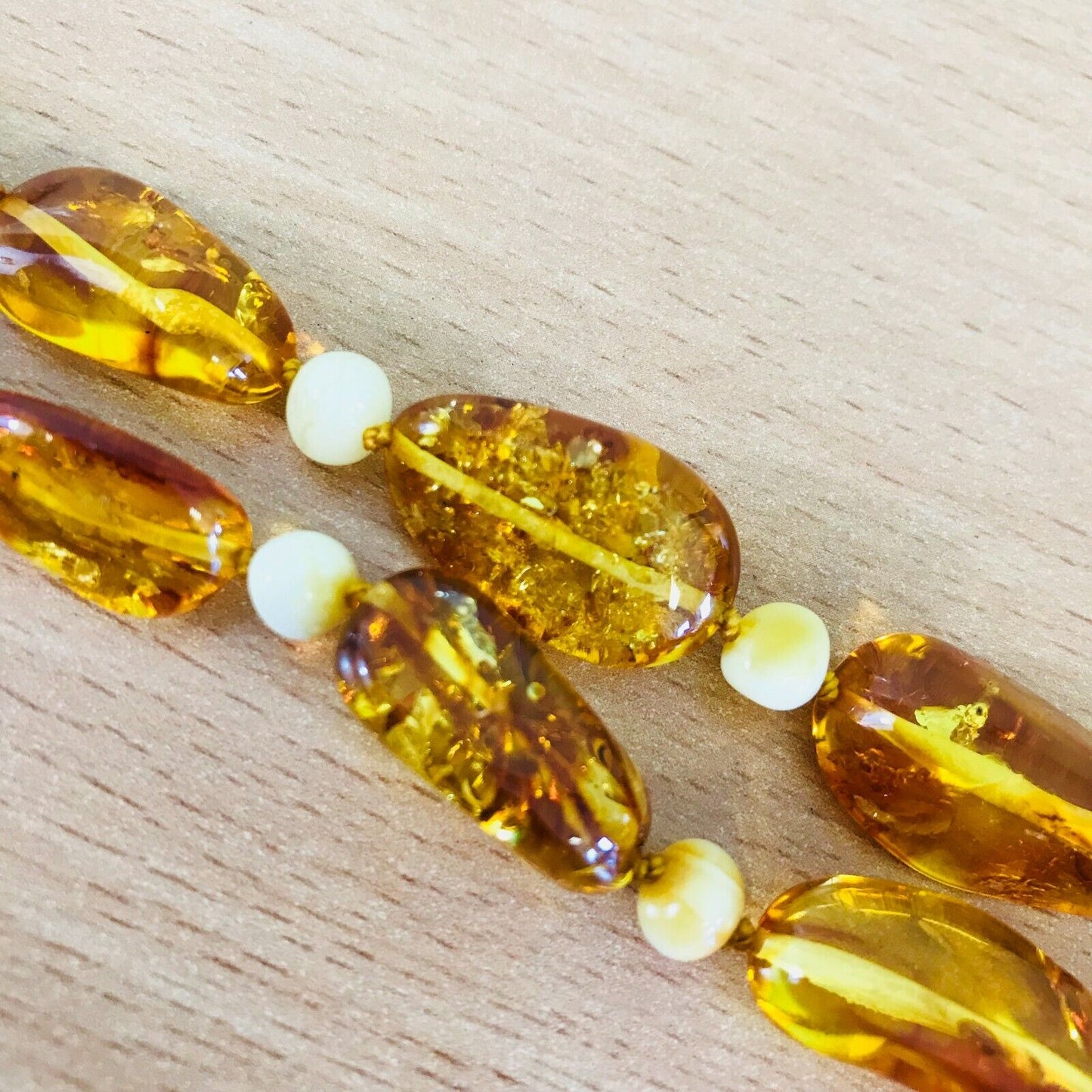 Baltic Amber Lemon / Royal White Colour Natural Polished Necklace