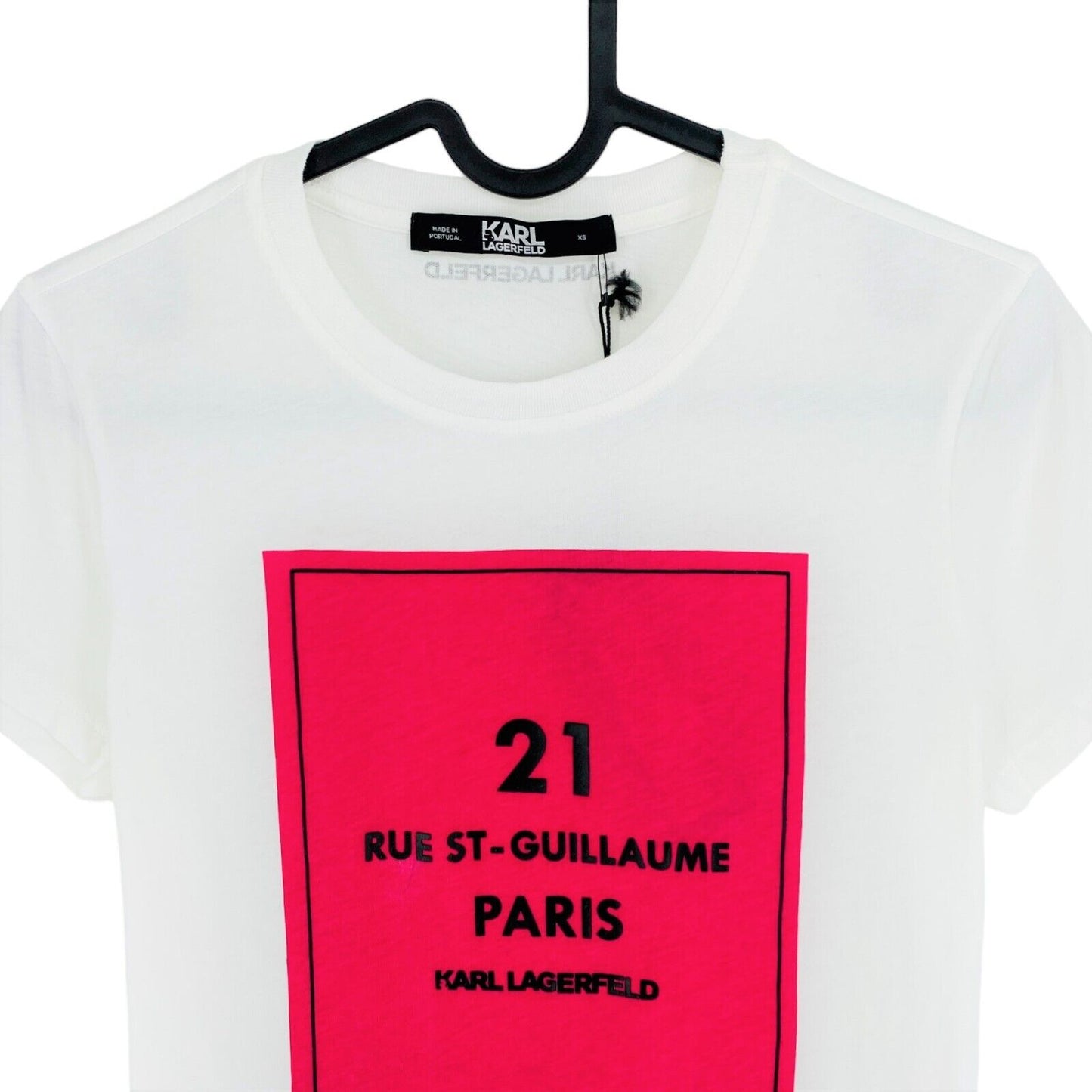 Karl Lagerfeld White Square Address Logo Rundhals-T-Shirt Größe XS