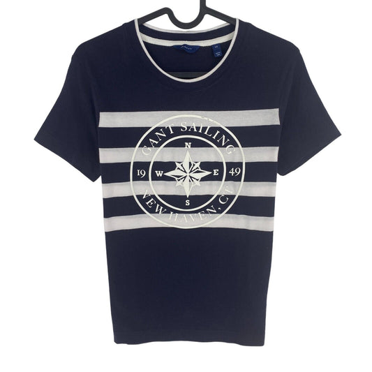 GANT Women Navy Blue Striped Logo Crew Neck Short Sleeves T Shirt Size XS