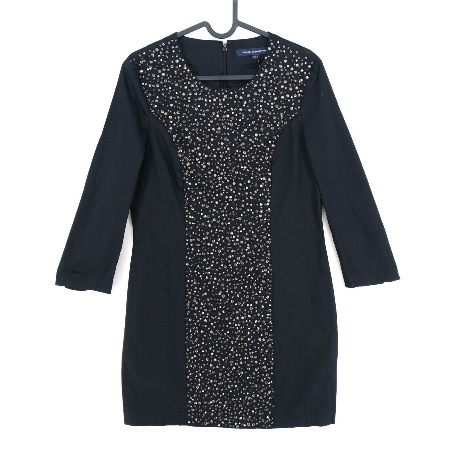 UVP 225 € FRENCH CONNECTION Schwarzes Kleid mit Rundhalsausschnitt und langen Ärmeln, Größe 10 – S