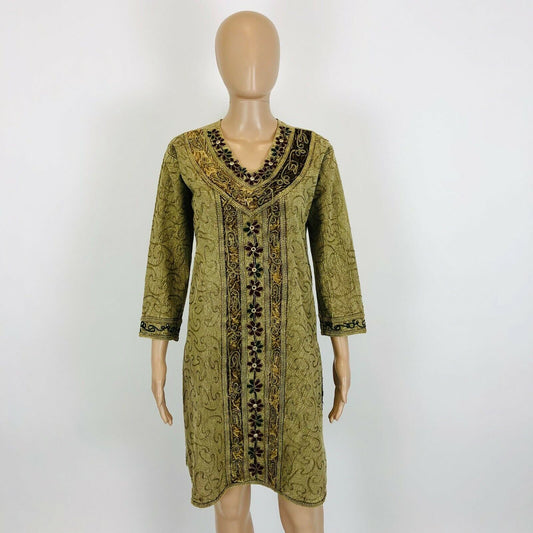 Olive Green Gold Embroided Kaftan Tunic Dress Size S